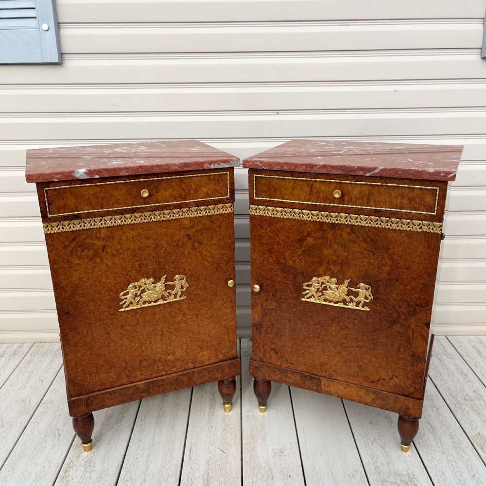 Pair of French Empire style burr walnut bedside cabinets  View VI