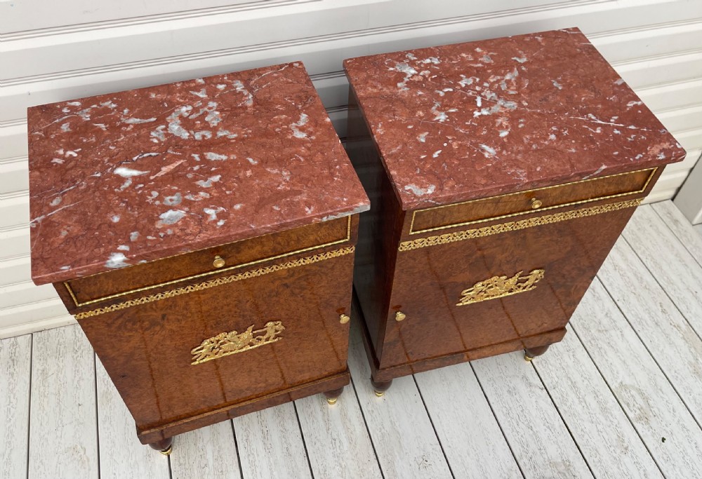 Pair of French Empire style burr walnut bedside cabinets  View VIII