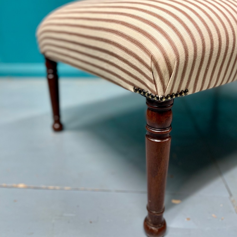 Newly upholstered wide ticking stripe ottoman footstool View II