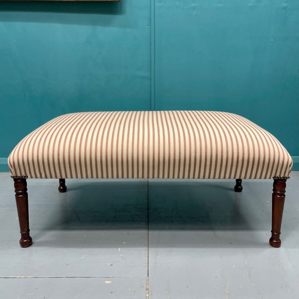 Newly upholstered wide ticking stripe ottoman footstool View III