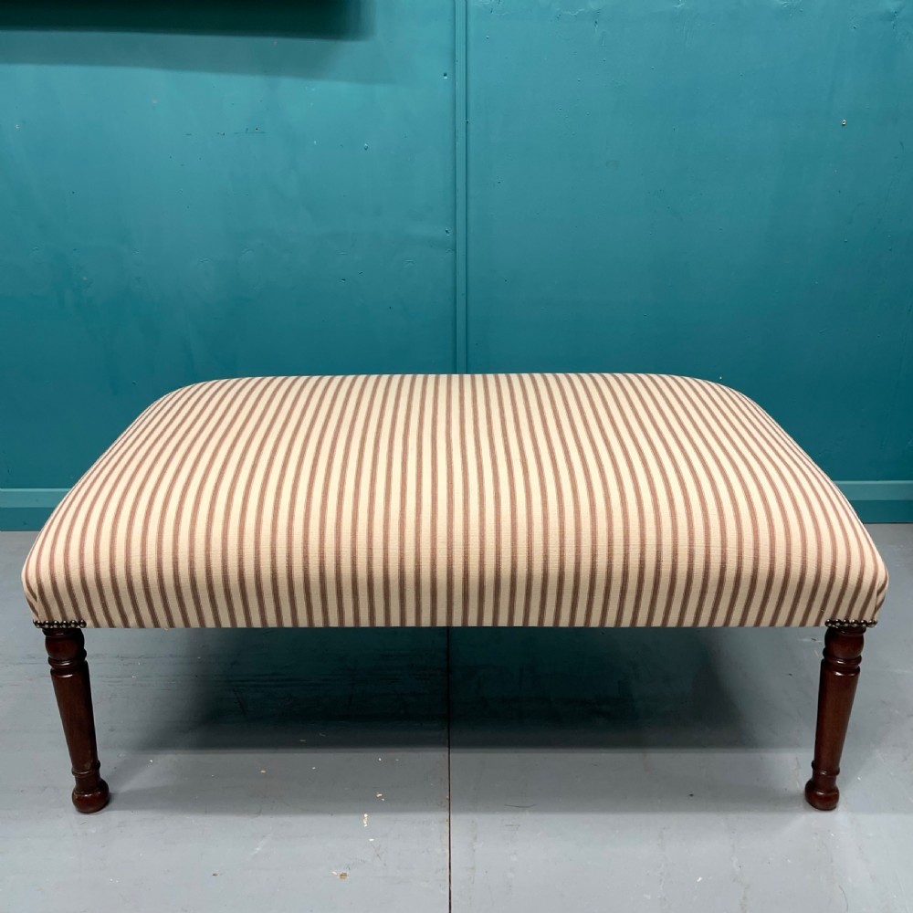 Newly upholstered wide ticking stripe ottoman footstool View IV