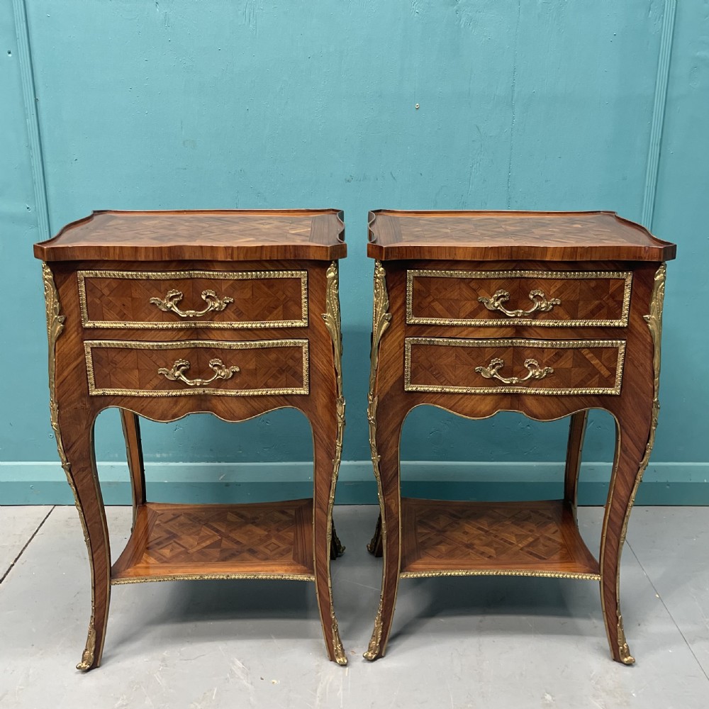 Pair of French kingwood parquetry bedside cabinets View II