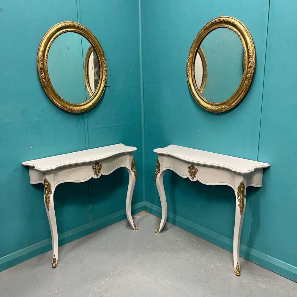 Pair of French painted console tables with mounts View II