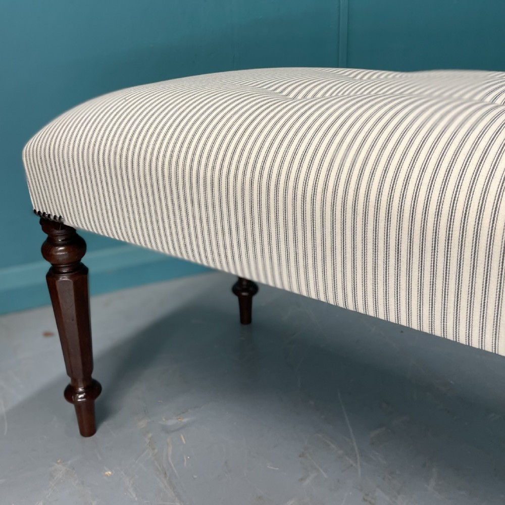 Newly upholstered 6 foot long stool in buttoned ticking View IV