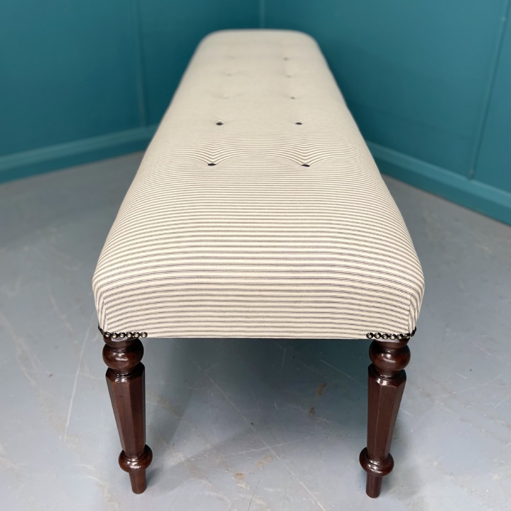 Newly upholstered 6 foot long stool in buttoned ticking View VII
