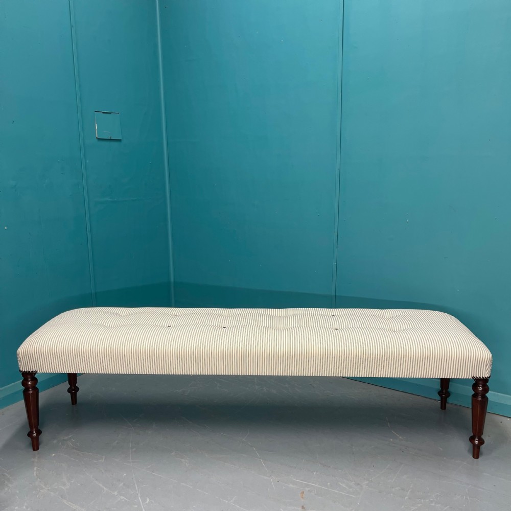 Newly upholstered 6 foot long stool in buttoned ticking View VIII