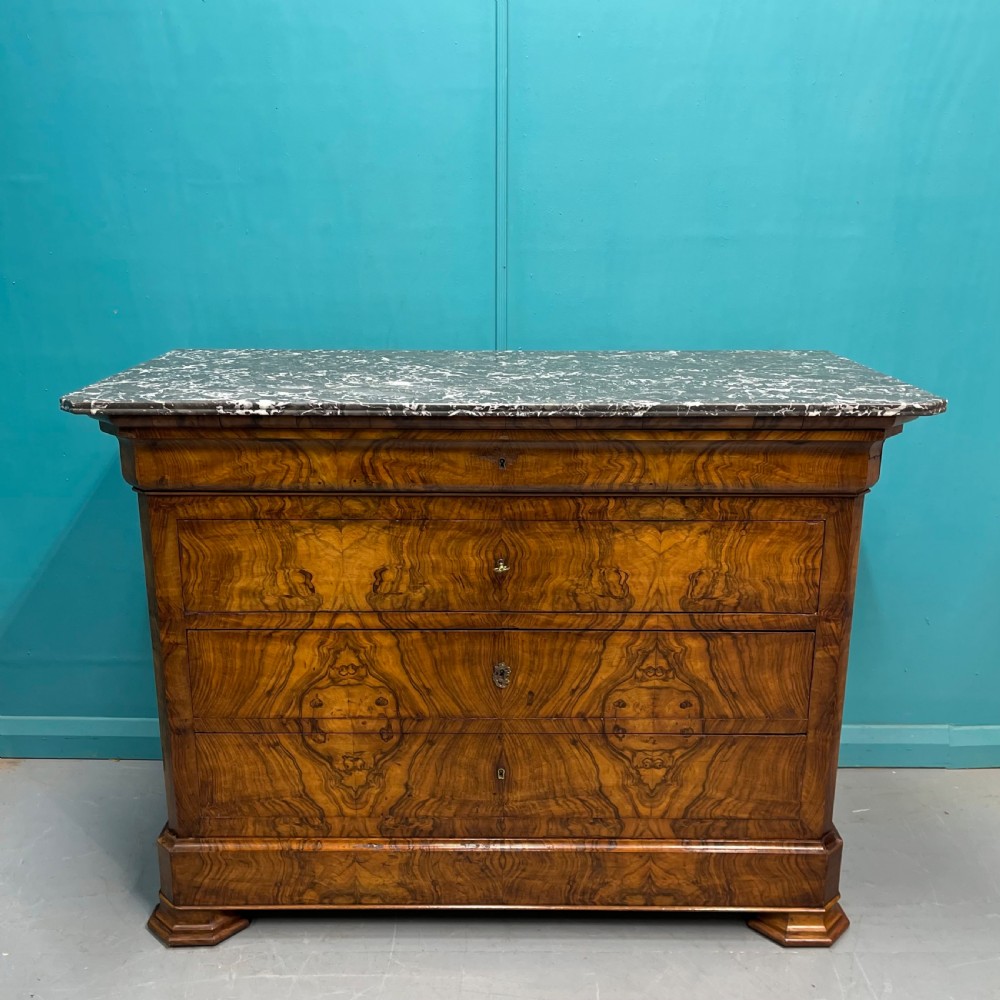 19th century French burr walnut marble top commode