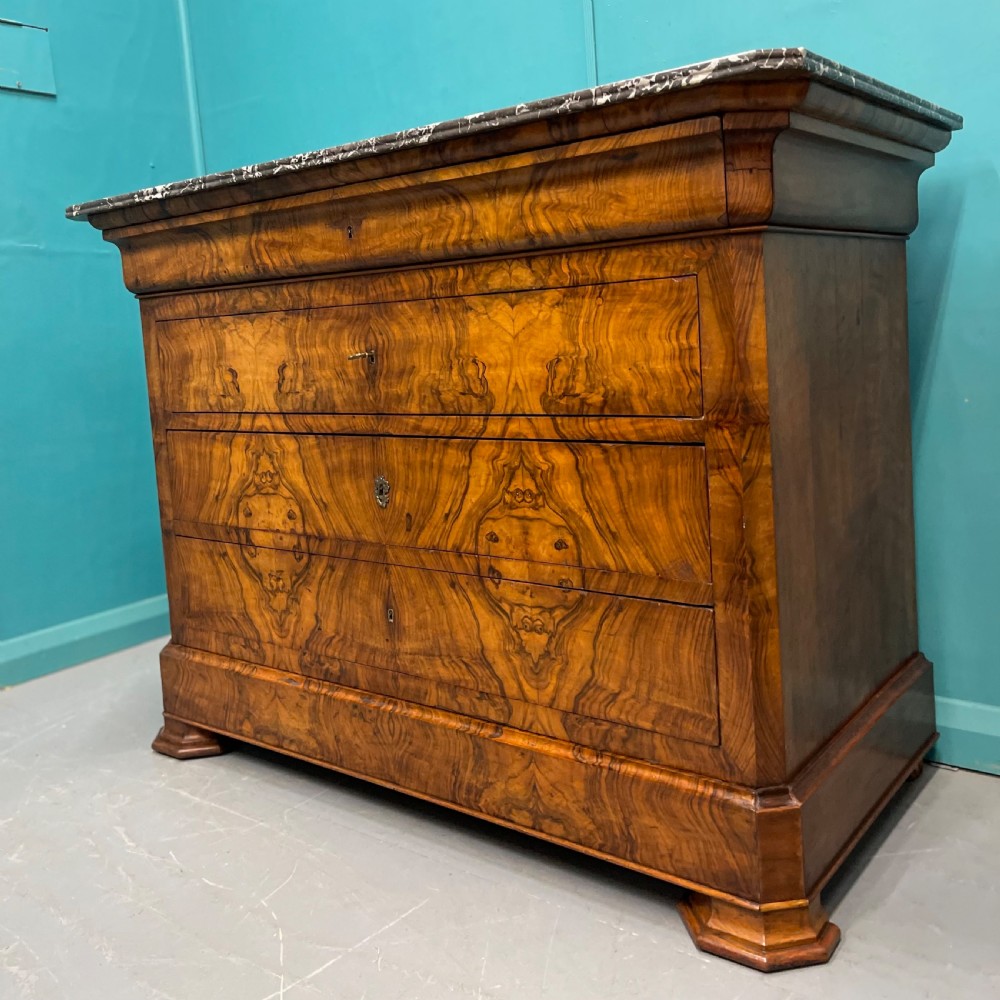 19th century French burr walnut marble top commode View II