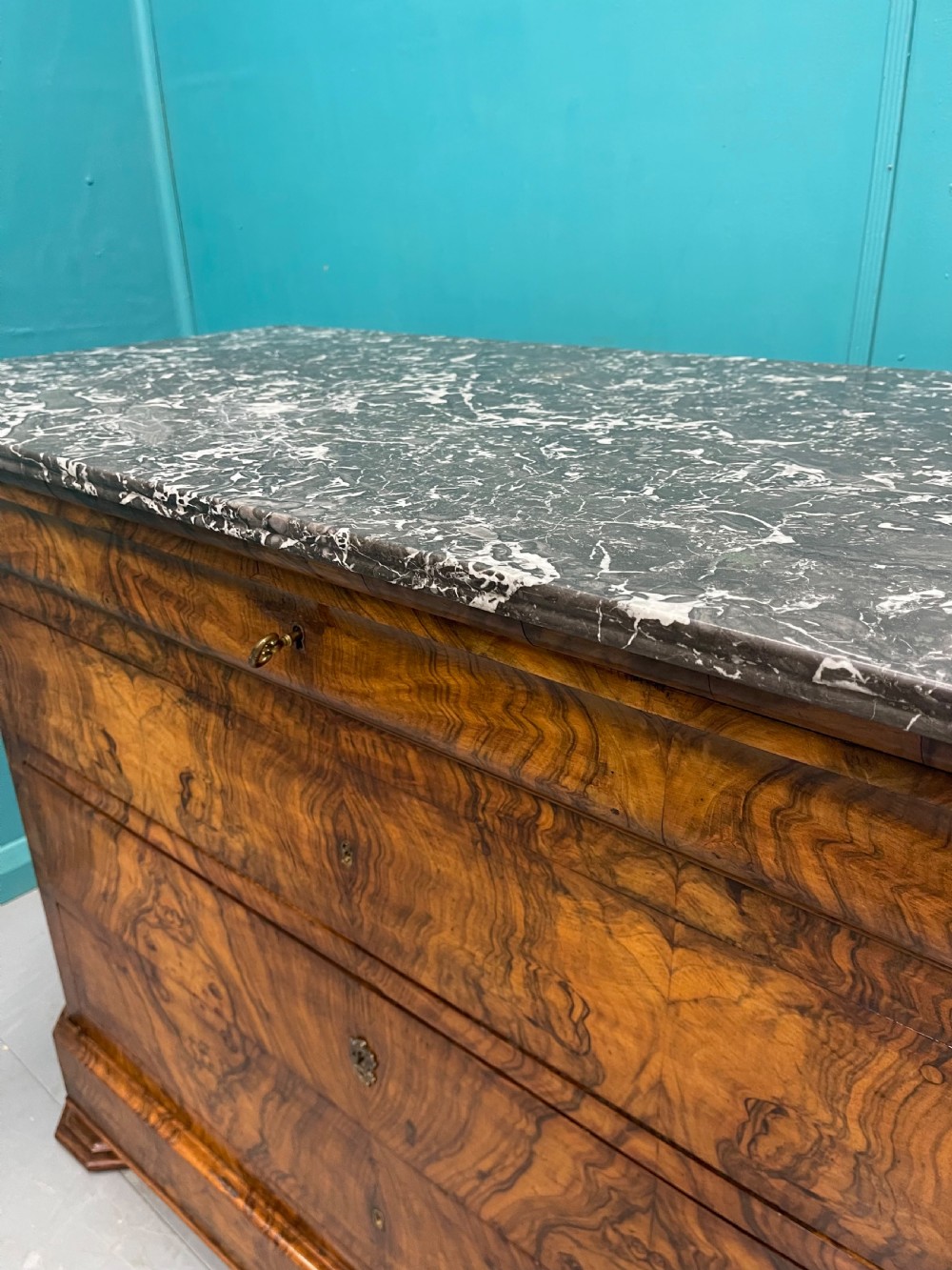 19th century French burr walnut marble top commode View IV