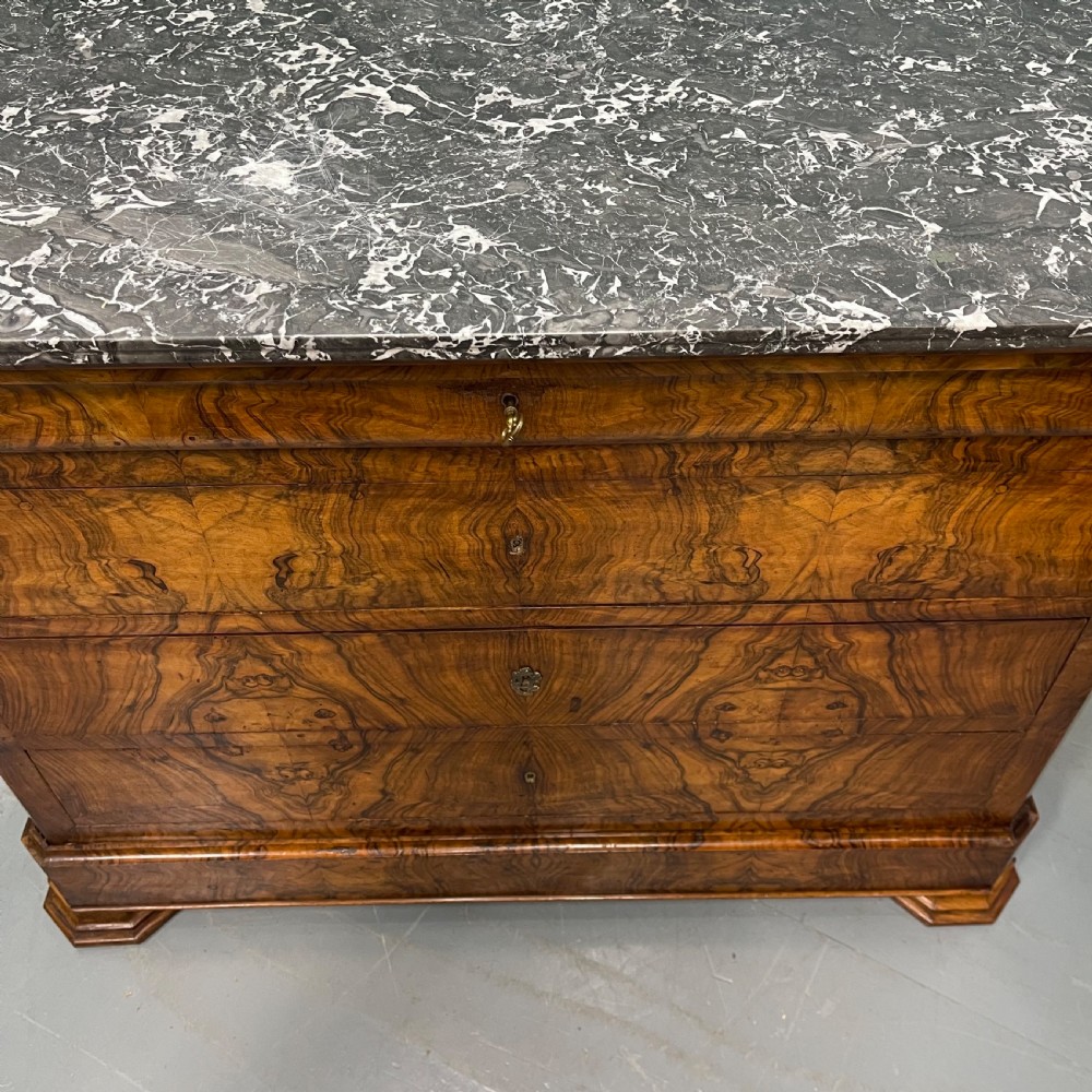 19th century French burr walnut marble top commode View V