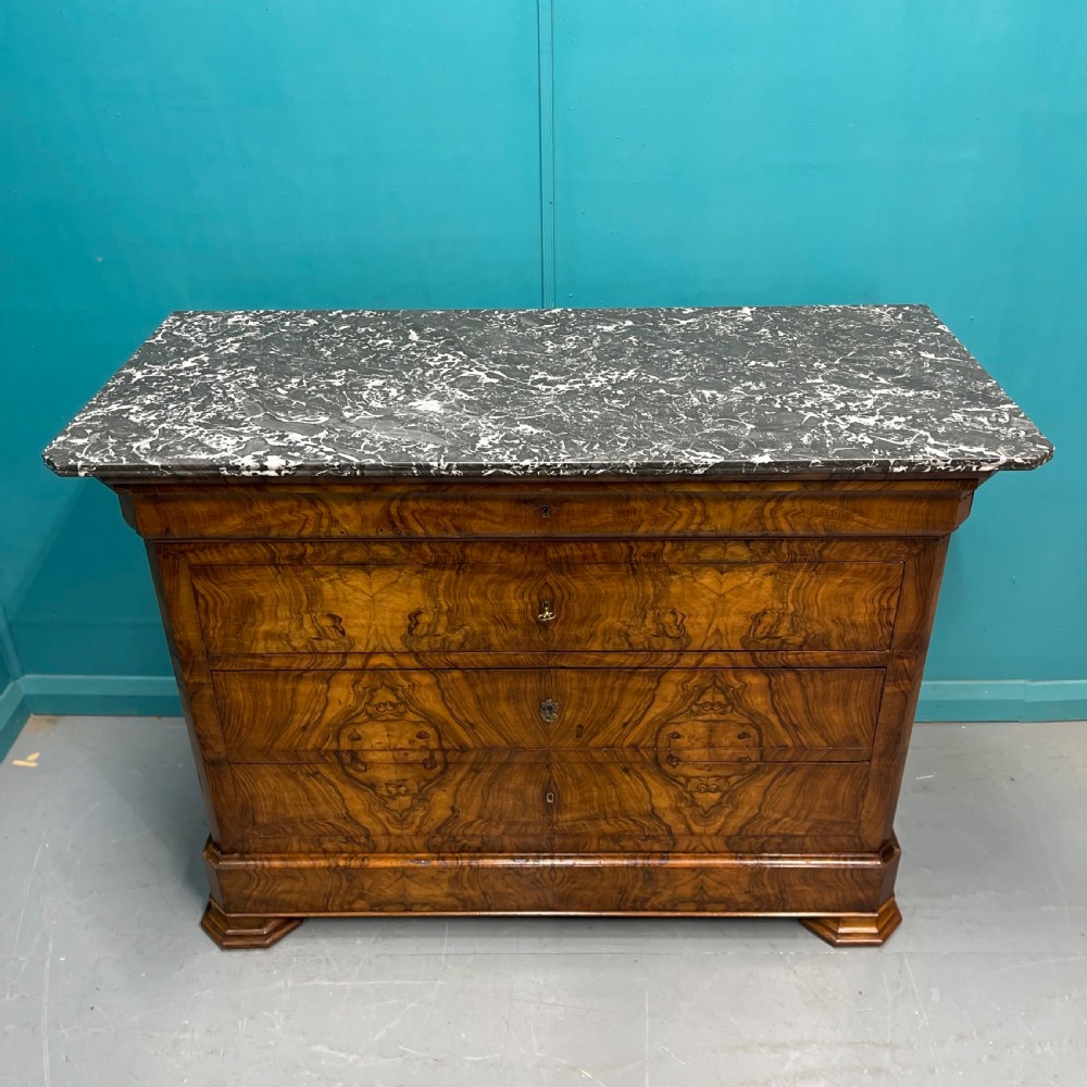 19th century French burr walnut marble top commode View VI
