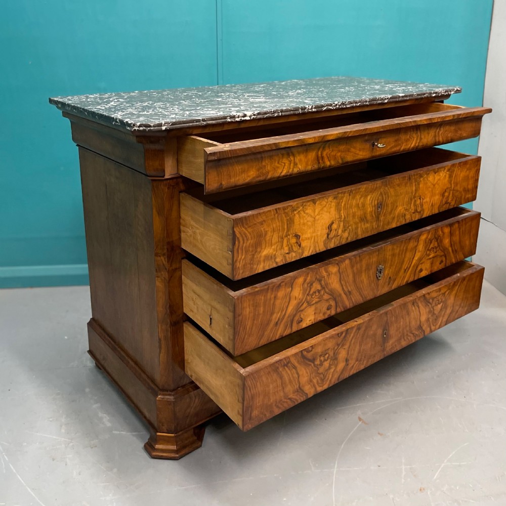 19th century French burr walnut marble top commode View VIII
