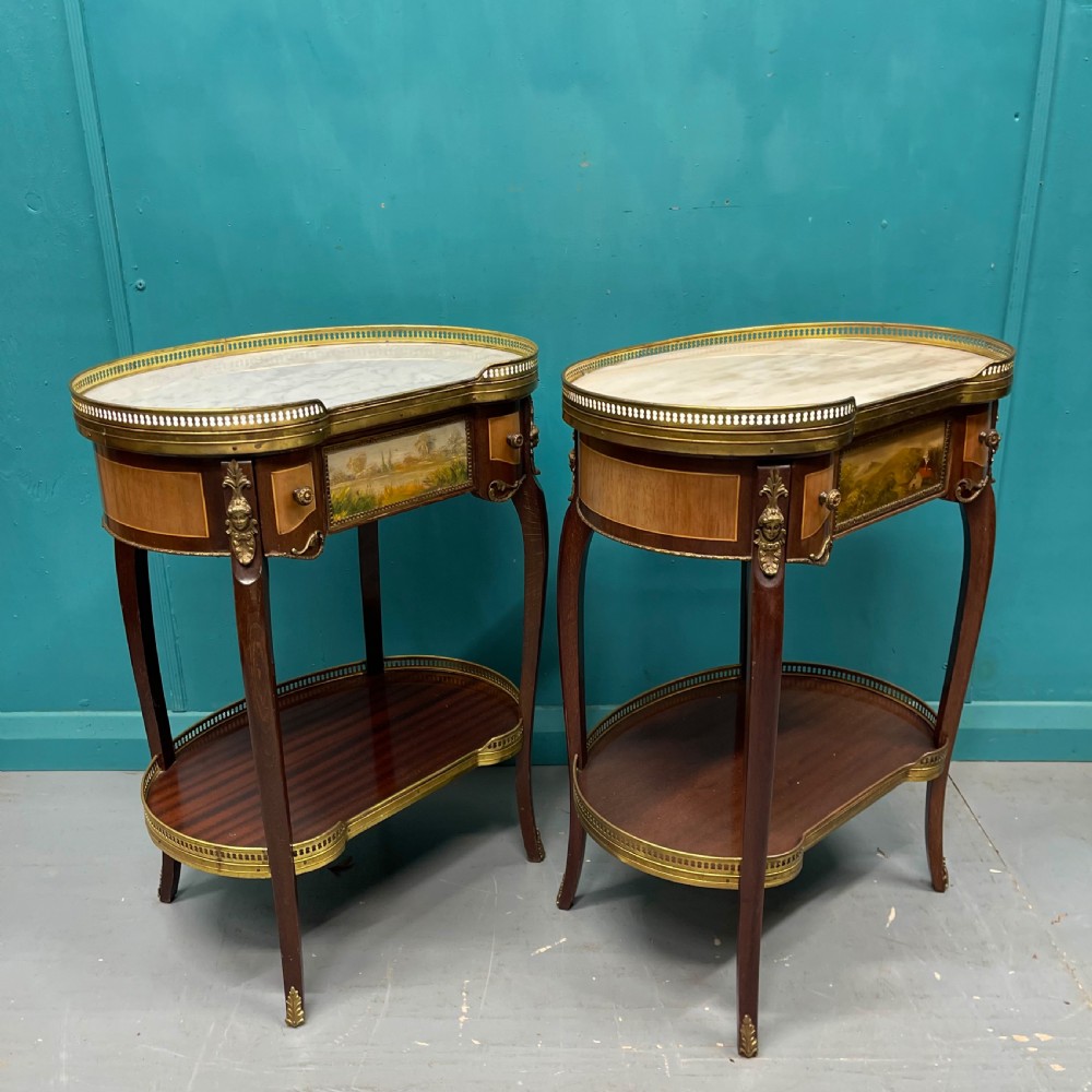 Large pair of French marble top kidney side tables