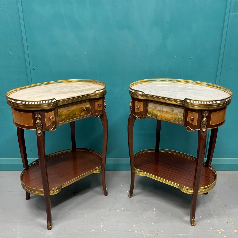 Large pair of French marble top kidney side tables View II