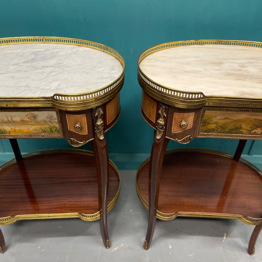Large pair of French marble top kidney side tables View V