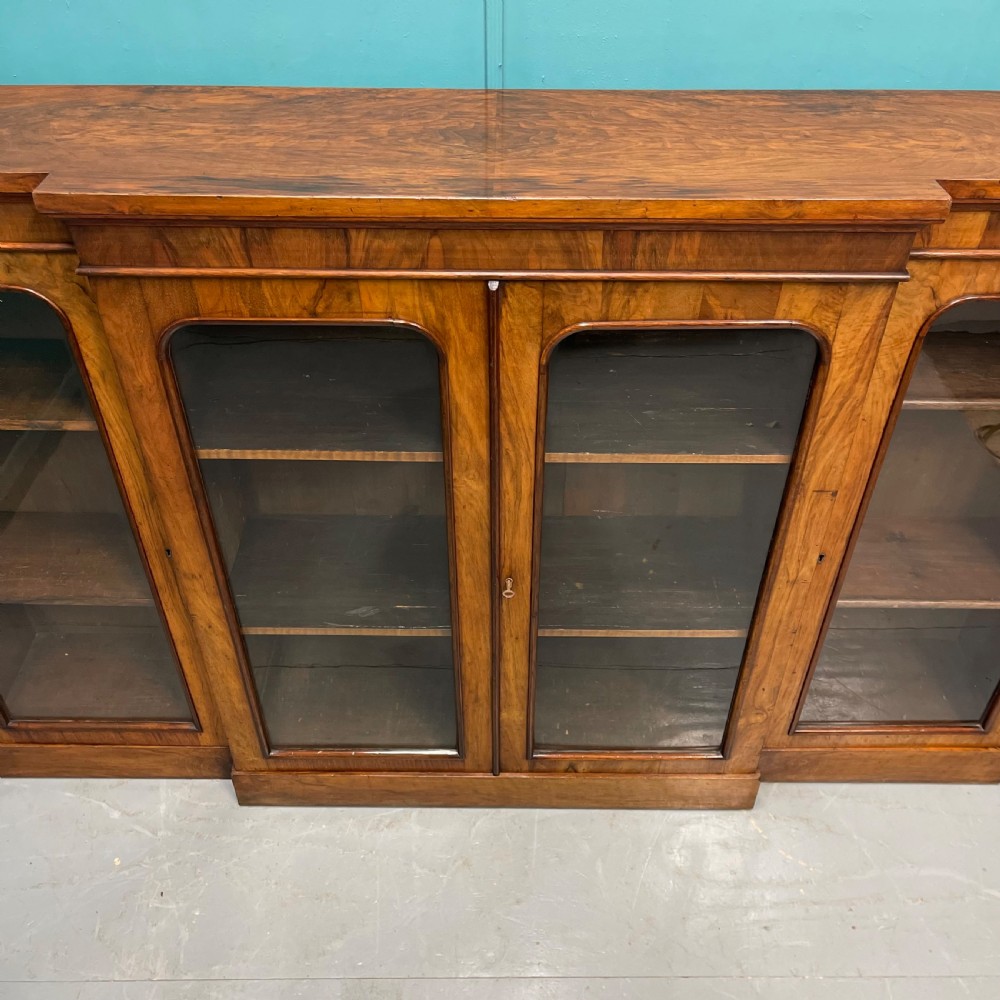 Antique walnut breakfront bookcase credenza View V