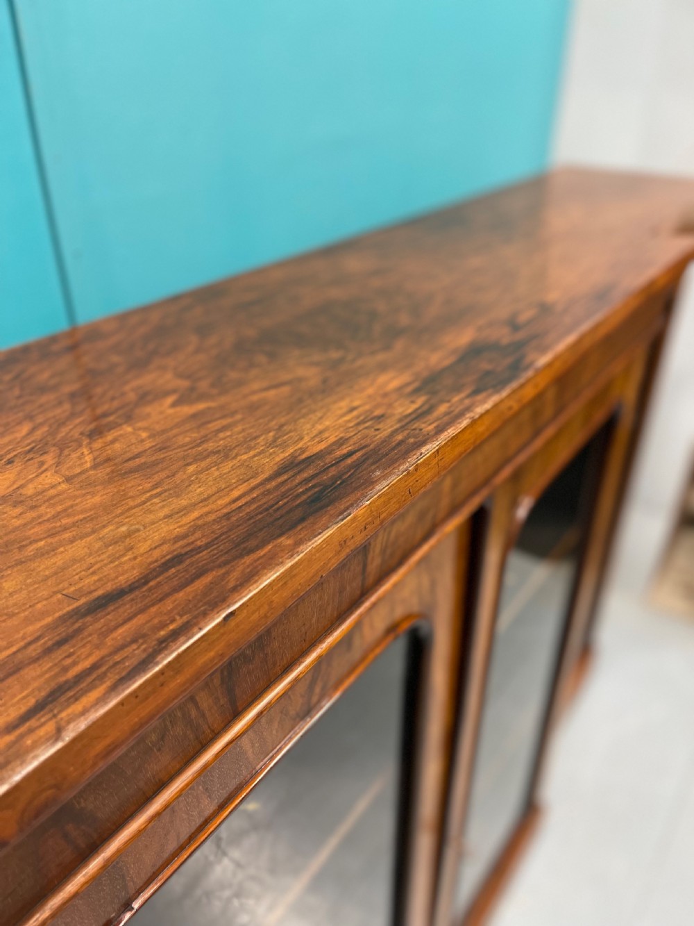 Antique walnut breakfront bookcase credenza View VI