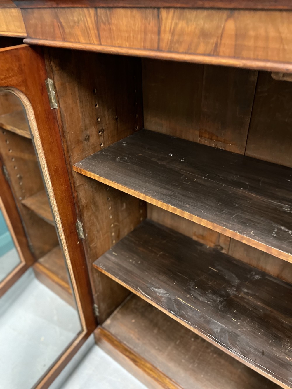 Antique walnut breakfront bookcase credenza View IX