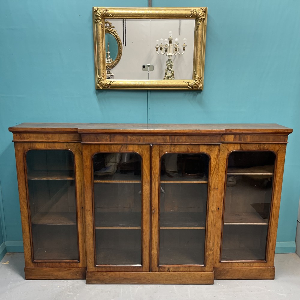 Antique walnut breakfront bookcase credenza View III