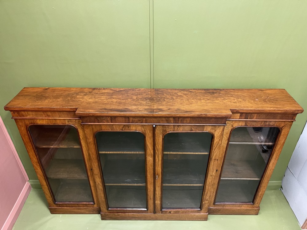 Antique walnut breakfront bookcase credenza View IV