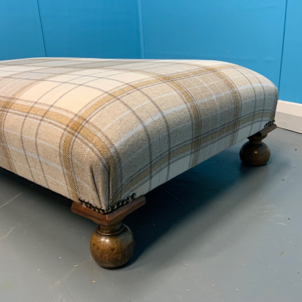 Newly upholstered low stool in Harris tartan plaid  View III