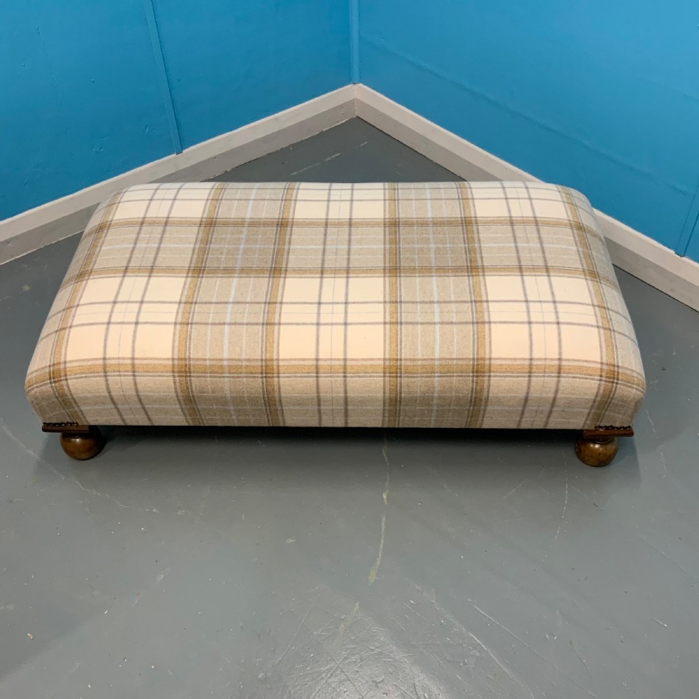 Newly upholstered low stool in Harris tartan plaid  View V