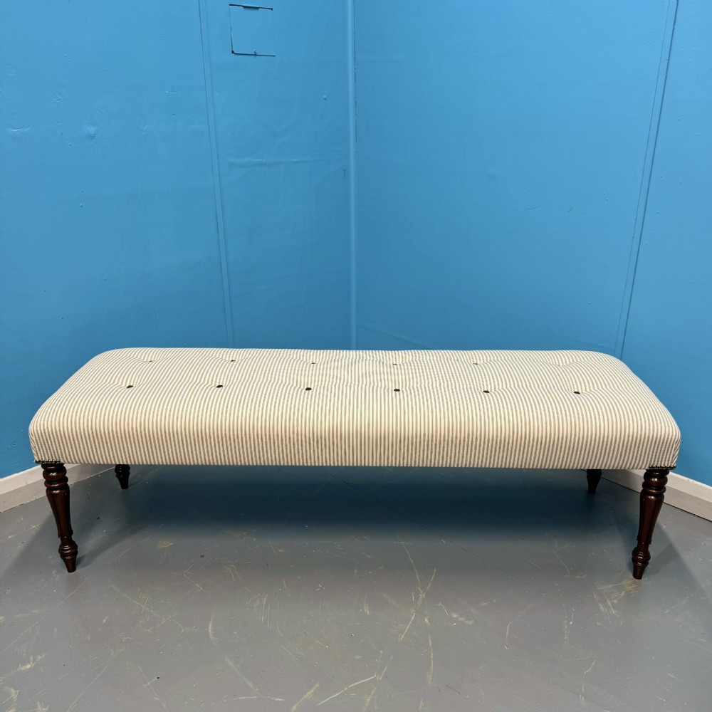 5’ long stool in buttoned ticking stripes 
