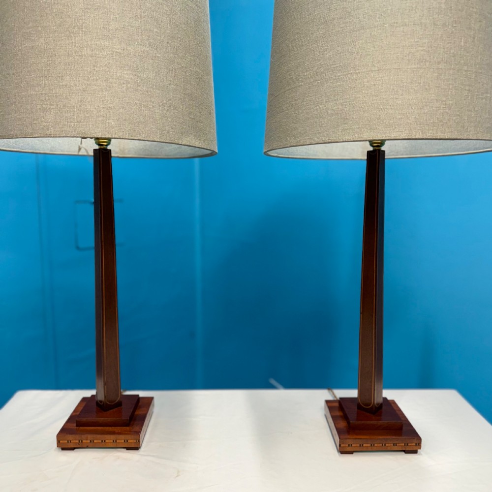 Pair of Sheraton style inlaid column lamps