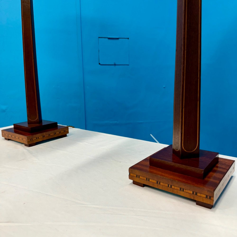 Pair of Sheraton style inlaid column lamps View III
