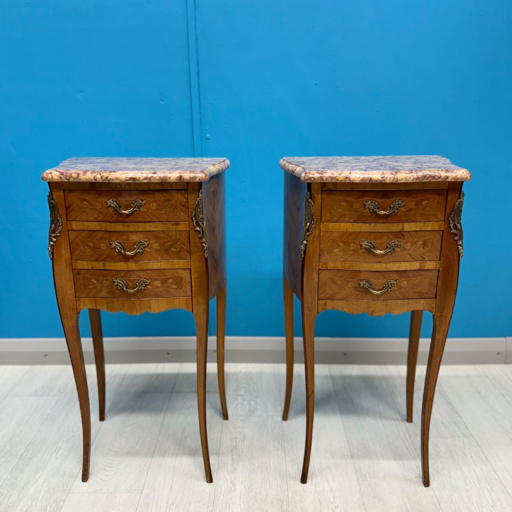Pair of French marble top bedside tables