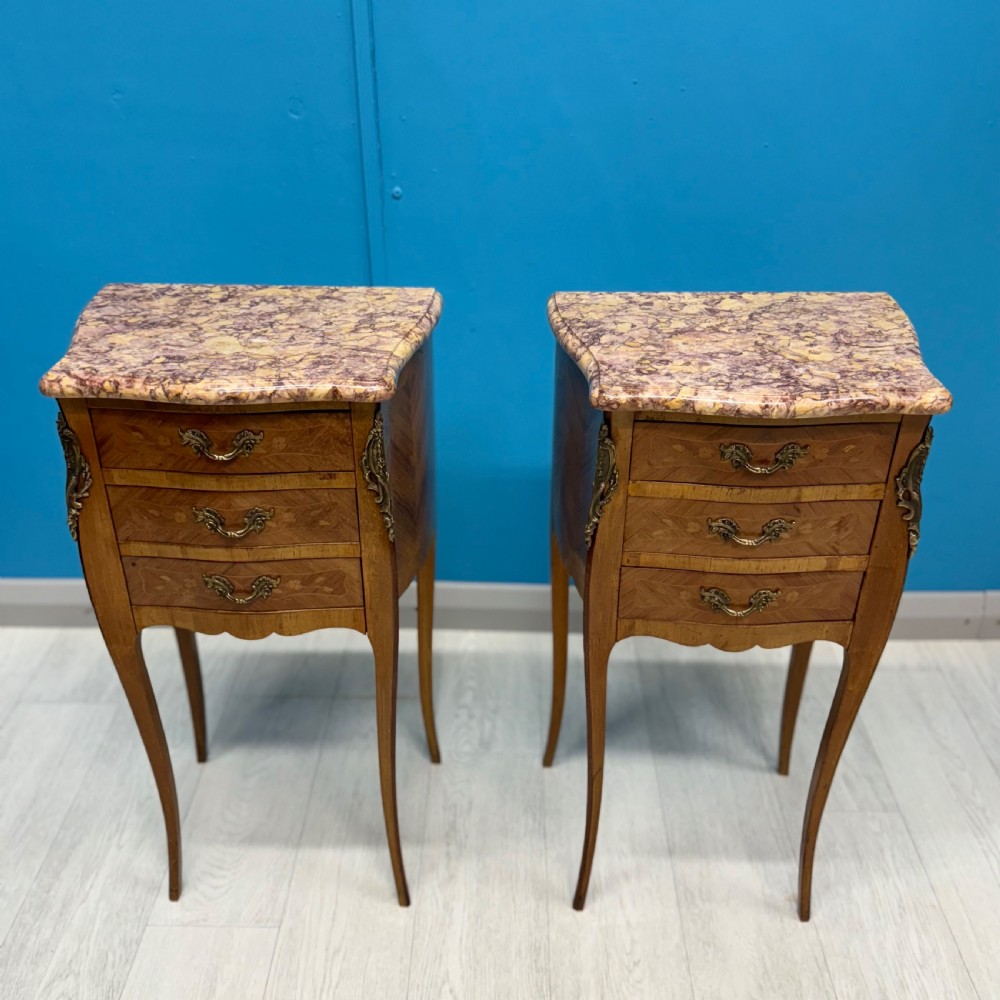 Pair of French marble top bedside tables View II