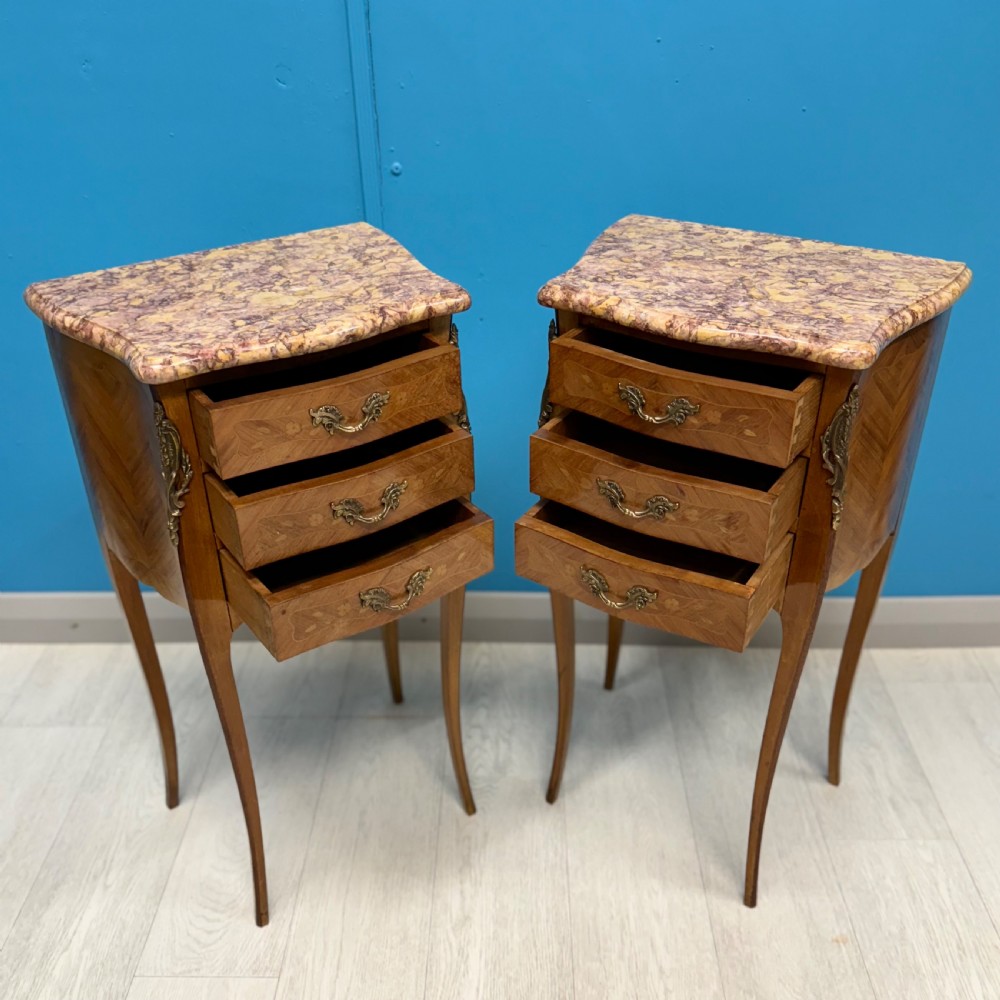 Pair of French marble top bedside tables View IV
