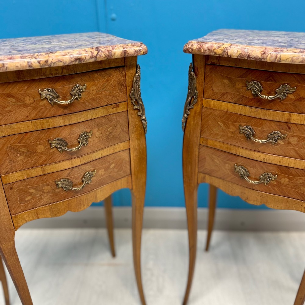 Pair of French marble top bedside tables View V
