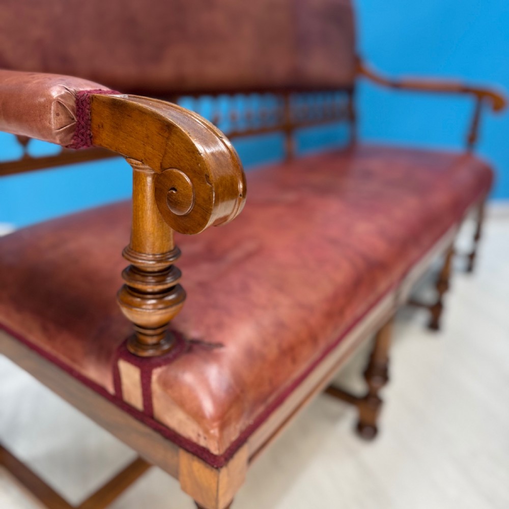 French cherrywood leather bench settle  View IV