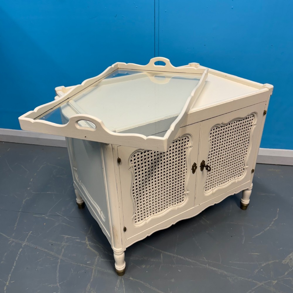 French painted cane tray top cabinet