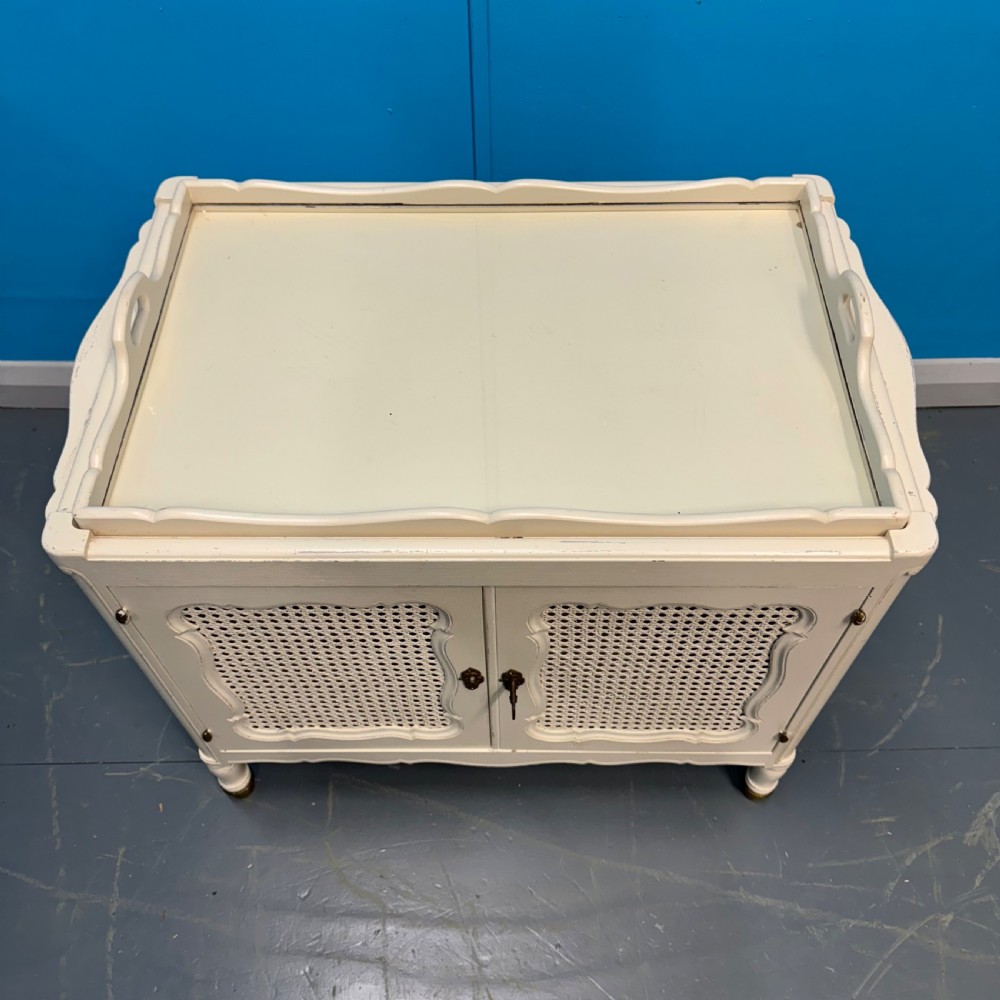 French painted cane tray top cabinet View IV