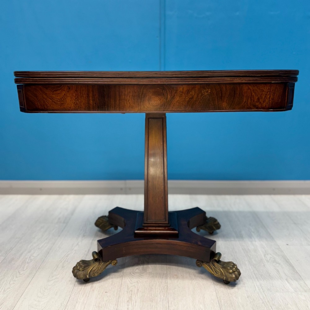 Regency rosewood card table on brass lions paw feet View III