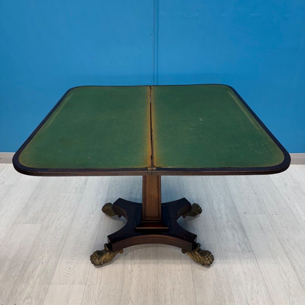 Regency rosewood card table on brass lions paw feet View IV