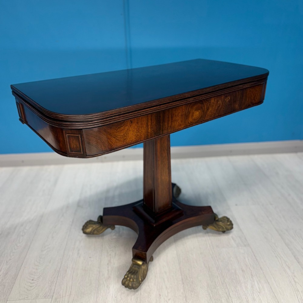Regency rosewood card table on brass lions paw feet View VI