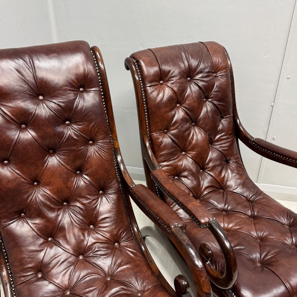 Near pair of Gillows “Spanish” leather armchairs View III