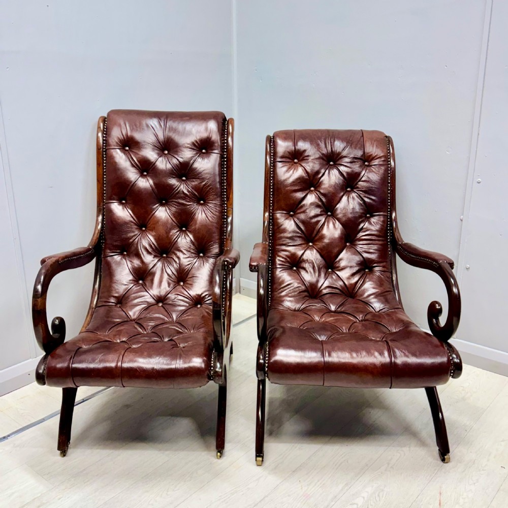 Near pair of Gillows “Spanish” leather armchairs View VIII