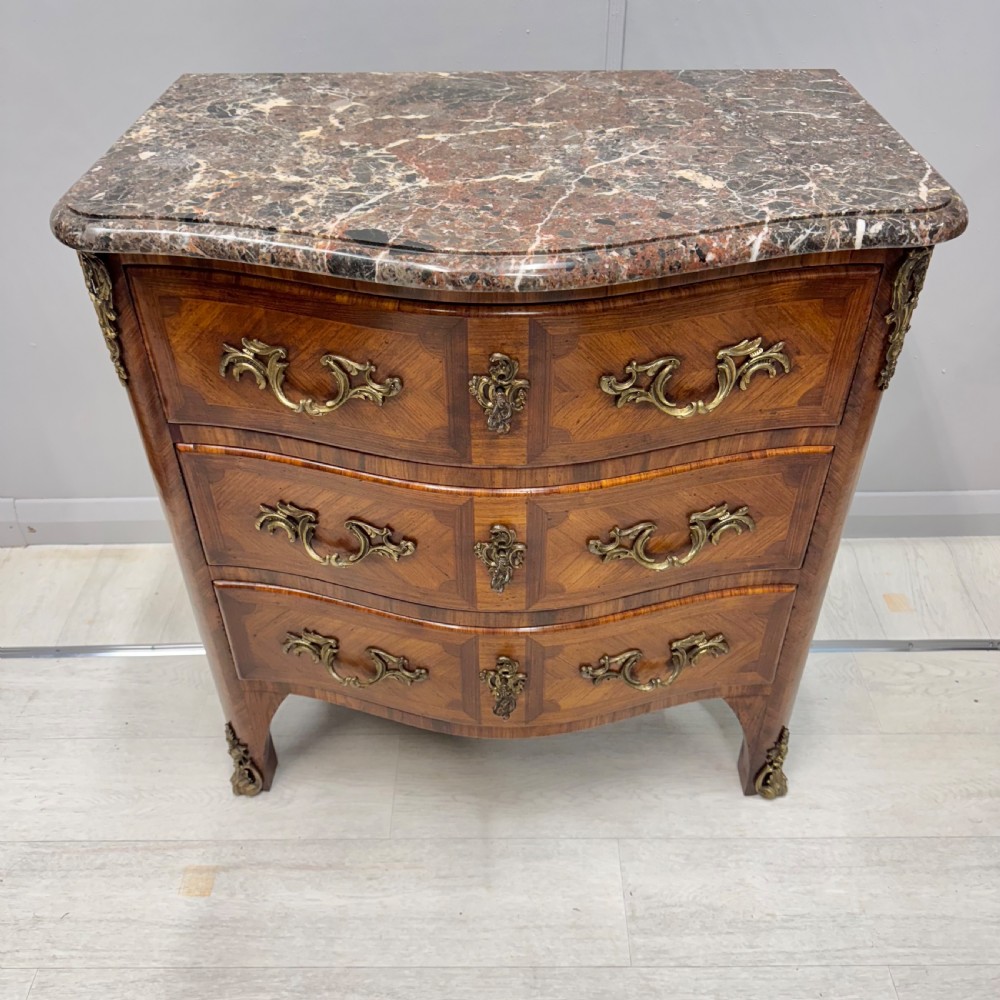 Small French inlaid serpentine commode with marble View II