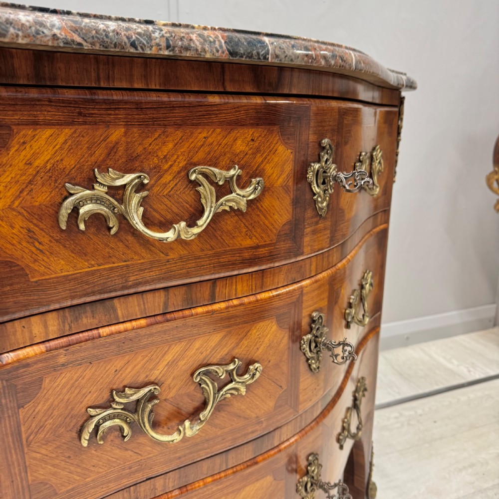 Small French inlaid serpentine commode with marble View III