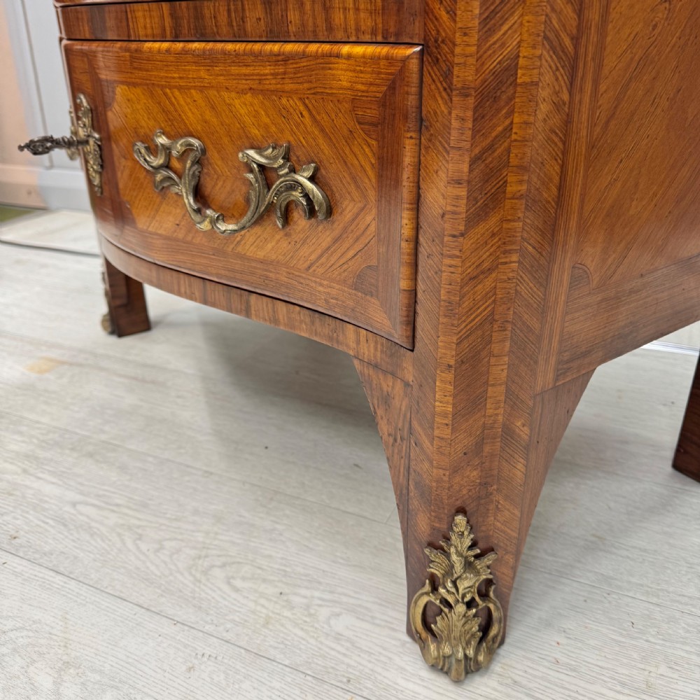 Small French inlaid serpentine commode with marble View V
