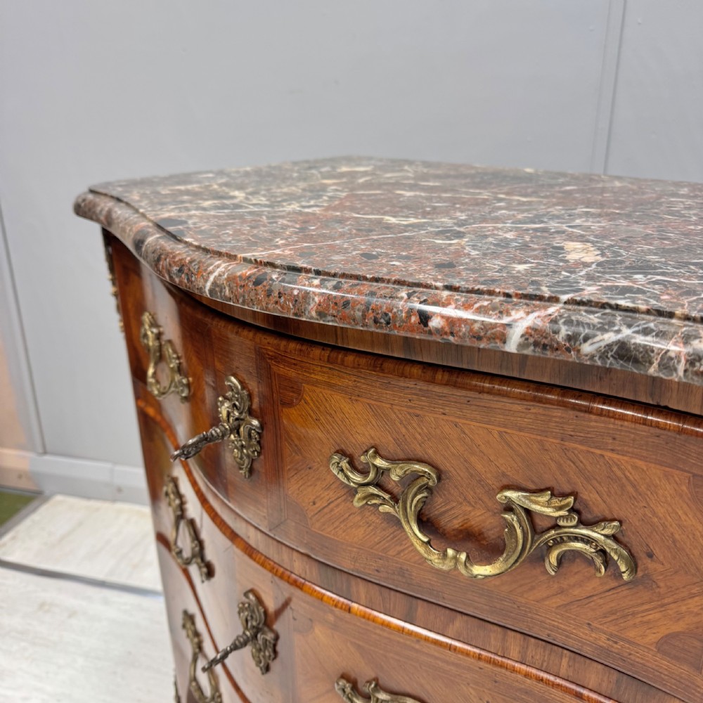 Small French inlaid serpentine commode with marble View VII