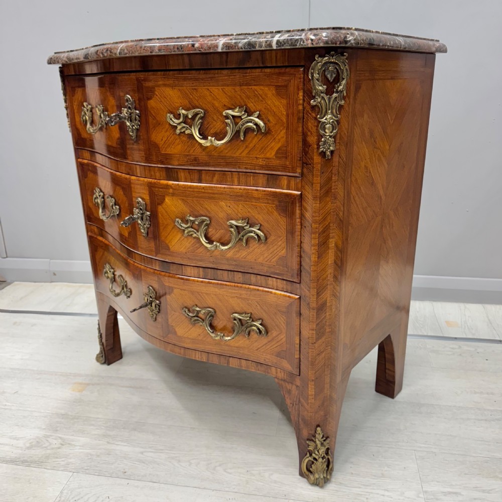 Small French inlaid serpentine commode with marble View VIII