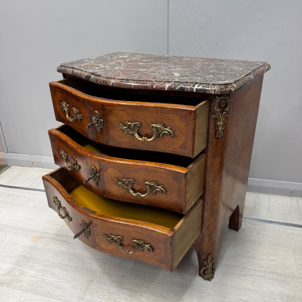 Small French inlaid serpentine commode with marble View IX