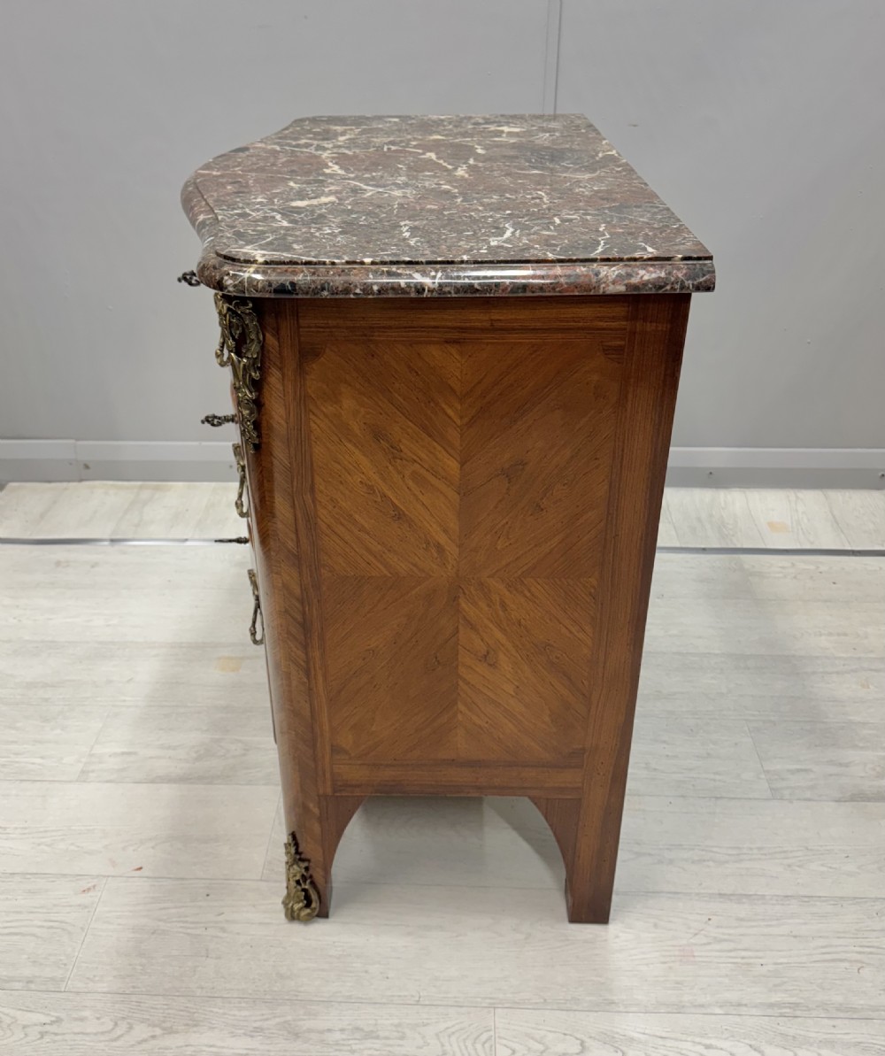 Small French inlaid serpentine commode with marble View X
