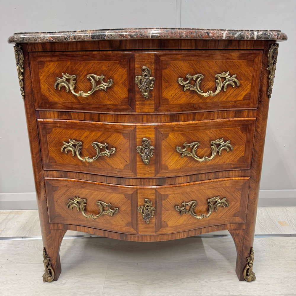 Small French inlaid serpentine commode with marble View XI