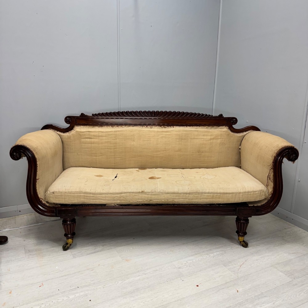 An antique Regency mahogany sofa frame featuring carved scroll arms, fluted turned legs on brass castors, and calico upholstery prepared for recovering.